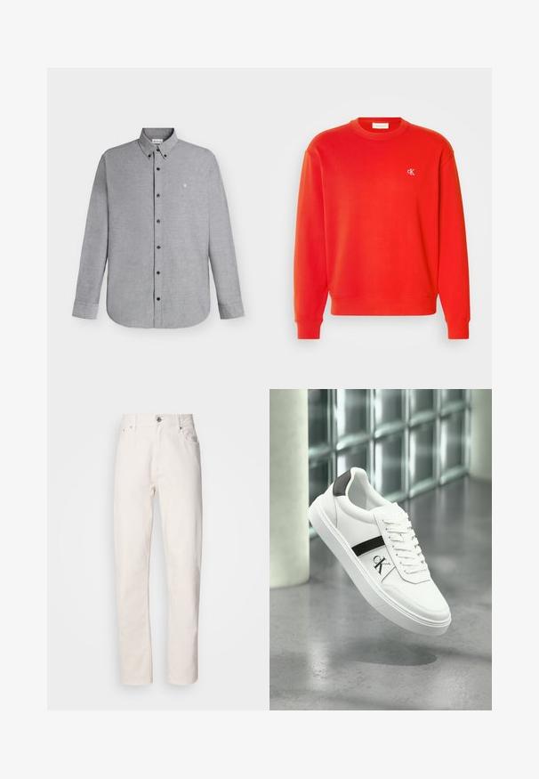 Rød bomulds sweatshirts med ribbede manchetter og kant, samt et lille broderet logo på venstre bryst. Glat tekstur, klassisk rundt hals-design.; Lysegrå skjorte med lange ærmer, knapper foran og knaplukket krave samt det lille "cK" logo broderet på venstre bryst.; Hvide denim jeans med lige ben, med knap- og lynlåslukning, bæltestropper samt for- og baglommer, præsenteret på en ensfarvet baggrund.; Hvid lædersneaker med sorte detaljer, indeholder et logo, flad sål og traditionelt snørebåndsdesign. Minimalistisk stil og glat tekstur.