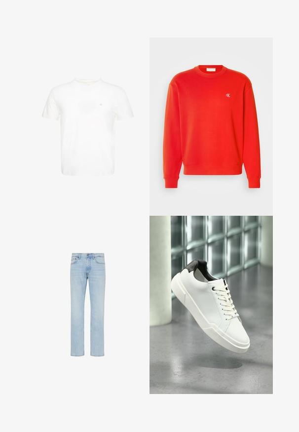 Sweat-shirt en coton rouge avec des poignets et un ourlet côtelés, et un petit logo brodé sur la poitrine gauche. Texture lisse, design classique à col rond.; T-shirt blanc à manches courtes et col rond avec un petit logo "ck" brodé sur la poitrine gauche.; Jean denim bleu clair coupe droite avec bouton sur le devant, fermeture éclair et design cinq poches, présenté sur fond blanc.; Baskets basses blanches avec languette de talon noire texturée, lacets blancs et semelle épaisse sur un sol en béton poli près de blocs de verre.
