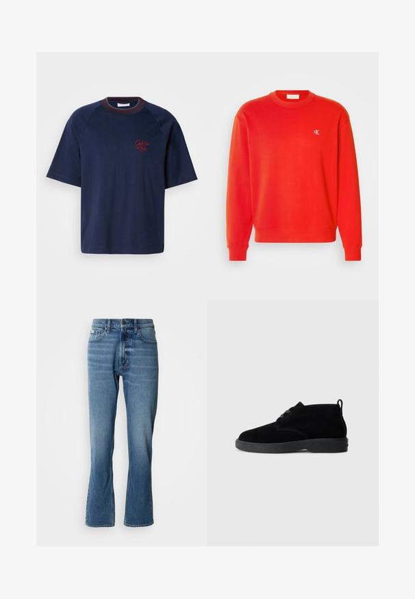 Κόκκινη βαμβακερή φούτερ με ριχτές μανσέτες και στρίφωμα, και μικρό κεντημένο λογότυπο στην αριστερή πλευρά του στήθους. Λείο υλικό, κλασικός σχεδιασμός με στρογγυλή λαιμόκοψη.; Ναυτικές μπλε βαμβακερές T-shirt με κοντά μανίκια, στρογγυλή λαιμόκοψη και μπορντό λεπτομέρειες. Διαθέτει κεντημένο λογότυπο "Calvin Klein" στο αριστερό στήθος.; Ανοιχτό μπλε τζιν παντελόνι με ίσια γραμμή και ελαφριά καμπάνα. Διαθέτει πέντε τσέπες, κλείσιμο με κουμπί και διακριτικές λεπτομέρειες αυλακώσεων.; Μαύρες σουέτ ankle boots με στρογγυλή μύτη, σχέδιο με κορδόνια, μαύρη καουτσούκ σόλα και θηλιά στην πίσω πλευρά για εύκολη εφαρμογή.