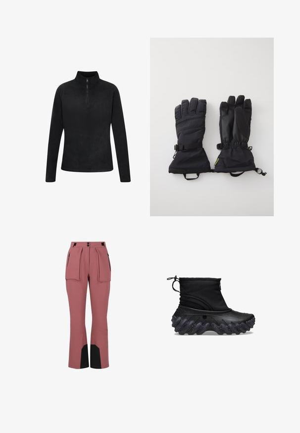 Schwarzer Fleece-Pullover mit hohem Kragen, halbem Reißverschluss vorne, langen Ärmeln, glatter Textur und ohne sichtbare Muster oder Hardwaredetails.; Wasserabweisende, rosa Skihose mit geradem Schnitt, gefaltetem Vorderteil, zwei seitlichen Taschen und schwarzen Akzenten an den Knöcheln.; Schwarze Knöchelboots mit einem weichen Textiloberteil und einer strukturierten, welligen Gummisohle. Mit einem Reißverschluss und einem verstellbaren Kordelzug für einen sicheren Sitz.; Schwarze isolierte Handschuhe mit einer strukturierten Handfläche, verstellbarem Handgelenkband und elastischen Bündchen, die an den Fingern einen glatten Akzent aufweisen.
