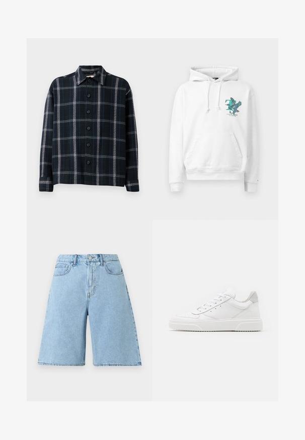 Hvid hoodie lavet af blødt stof med en kengurulomme, der har et farverigt fugle- og tekstmotiv på brystet, justerbar snor i hætten.; Sort og mørkeblå ternet langærmet skjorte med hvide striber, knaplukning foran og spids krave.; Lyseblå denim bermudashorts med forreste knap, lynlås, bæltestropper og fem-lomme design på ensfarvet baggrund.; Hvide lædersneakers med en glat finish, rund tå, flade snørebånd og en struktureret sål. Grå ruskindsdetalje ved hælen.