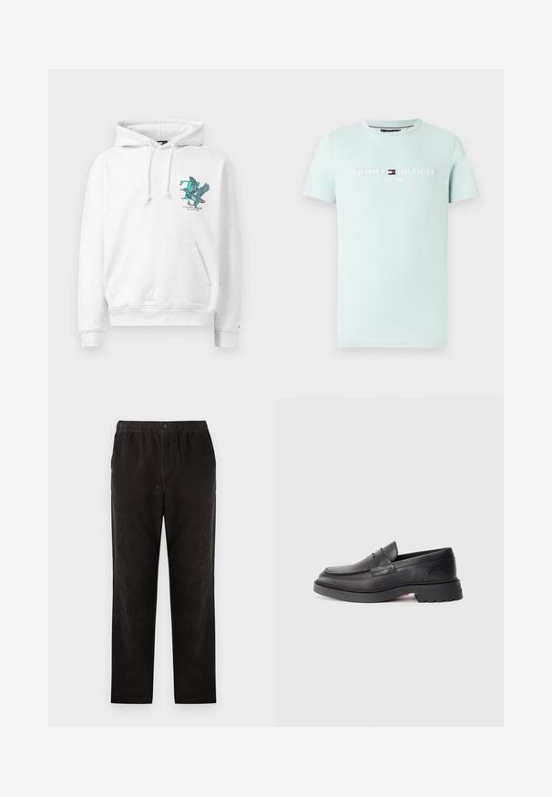 Hvid hoodie lavet af blødt stof med en kengurulomme, der har et farverigt fugle- og tekstmotiv på brystet, justerbar snor i hætten.; Lyseblå T-shirt med korte ærmer med "Tommy Hilfiger" logo og flagemblem trykt i hvidt og rødt på forsiden i midten.; Sorte fløjlstræksbukser med lige ben-design, der har en elastisk talje og en enkelt knaplukning. Glat tekstur, minimalistisk detaljer.; Sorte læder loafers med en rund tå, en hævet søm og en tyk gummisål. Enkel design med minimal branding på siden.