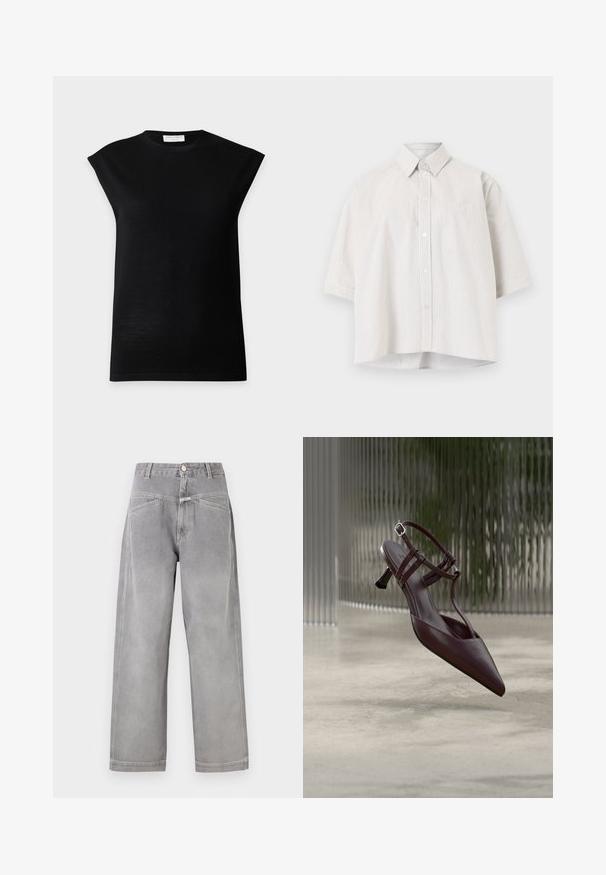 Haut en maille noir sans manches avec épaules rembourrées et col rond, présenté sur un fond gris clair uni.; Chemise blanche à manches courtes avec boutons, rayures grises verticales discrètes et une poche poitrine, sur fond uni.; Jean denim gris à jambe large et taille haute avec poches avant, passants pour ceinture, fermeture à bouton et détails de couture visibles.; Escarpin slingback en cuir brun foncé à bout pointu, avec des fines lanières et un petit talon kitten incurvé, présenté sur un fond abstrait.