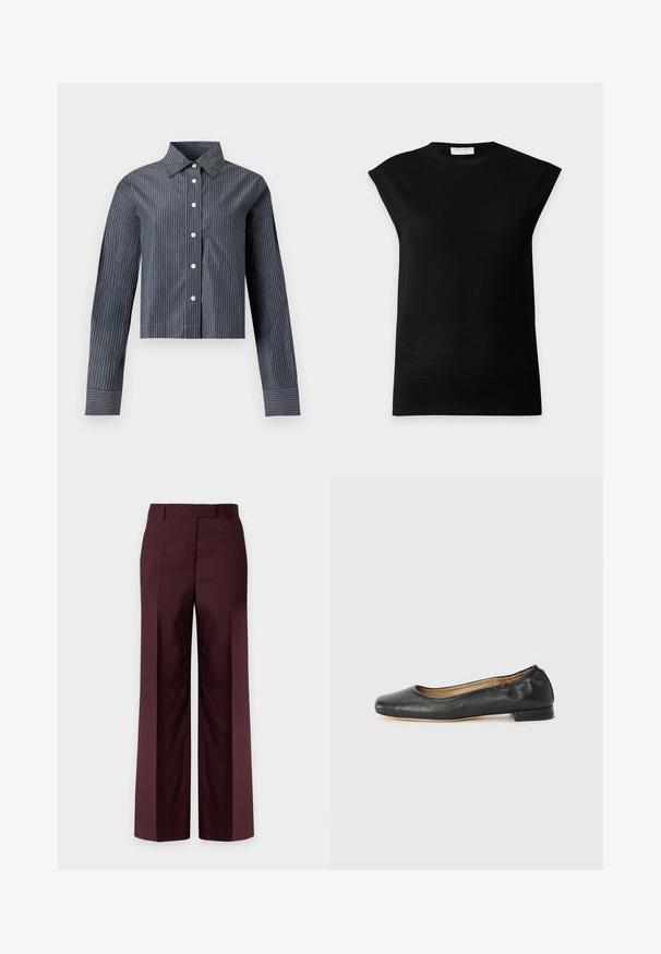 Haut en maille noir sans manches avec épaules rembourrées et col rond, présenté sur un fond gris clair uni.; Chemise courte gris foncé à fines rayures blanches verticales, manches longues, col pointu et poche poitrine avant.; Pantalon large marron foncé, sur mesure, avec passants de ceinture et plis devant, présenté sur un fond clair uni.; Ballerines en cuir noir avec un bout arrondi et des coutures minimales. Talon bas et rectangulaire avec une texture lisse. Détails subtils de doublure intérieure.