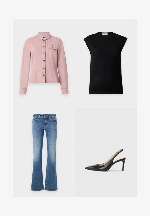 Haut en maille noir sans manches avec épaules rembourrées et col rond, présenté sur un fond gris clair uni.; Chemise rose clair à manches longues avec des boutons marron sur le devant, rabat de poche poitrine boutonné et petit col sur fond blanc.; Jean en denim bleu avec jambes évasées, cinq poches, fermeture à boutons et délavage usé sur les cuisses et les genoux.; Escarpins en cuir noir avec une pointe fine, une bride ajustable et un talon aiguille élégant, présentant une finition lisse.
