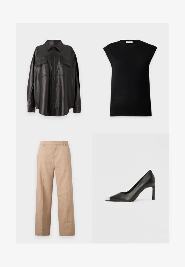 Haut en maille noir sans manches avec épaules rembourrées et col rond, présenté sur un fond gris clair uni.; Chemise en cuir noir avec un devant à boutons, un col pointu et deux poches poitrine. Elle présente une coupe ample et une texture lisse.; Pantalon beige à jambes droites avec de fines rayures verticales, passants pour ceinture et fermeture éclair à l'avant, sur un fond uni.; Chaussure à talon haut en cuir noir avec bout pointu et capuchon argenté métallique. Présente une finition lisse et un talon fin de 10 cm.