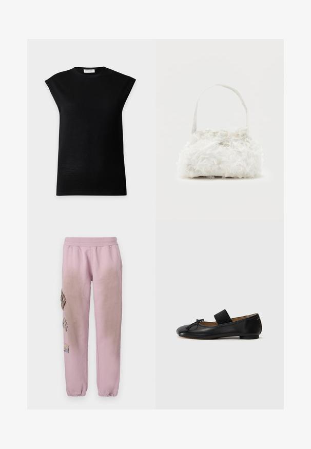 Zwarte mouwloze gebreide top met gevoerde schouders en ronde hals, weergegeven op een effen lichtgrijze achtergrond.; Roze sweatpants met een elastische tailleband, voorzien van decoratieve patches in ruitvorm aan de linkerkant en elastische boorden bij de enkel.; Zwarte leren balletschoenen met een ronde neus, een klein knoopdetail en een elastische band over de wreef voor een stevige pasvorm. Platte zool.; Kleine witte handtas met stoffen rozen die het geheel bedekken en een dunne, enkele band als handvat, op een effen achtergrond.