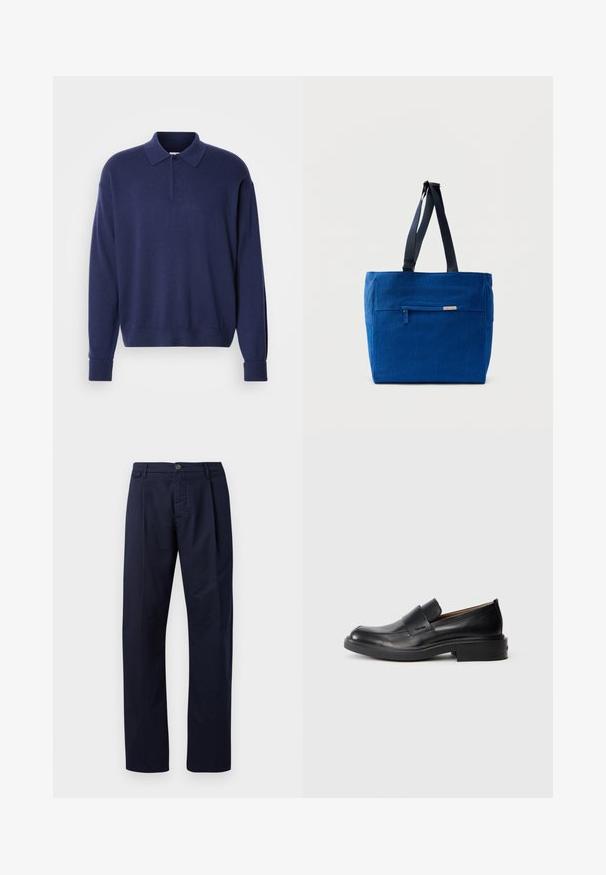 Jersey de color azul marino con cuello, mangas largas y puños de canalé. Textura suave con un ajuste relajado y una tapeta de tres botones.; Pantalones azul marino hechos de una tela con textura suave, con piernas rectas, cierre de botón y un solo pliegue delantero.; Zapato de vestir negro de cuero sin cordones con tacón bajo y un sutil logo de Calvin Klein en el lateral, mostrado en perfil sobre un fondo blanco.; Bolsa de lona azul con un bolsillo frontal con cremallera, correas dobles para el hombro y forma rectangular. Cuenta con una etiqueta de marca sutil.