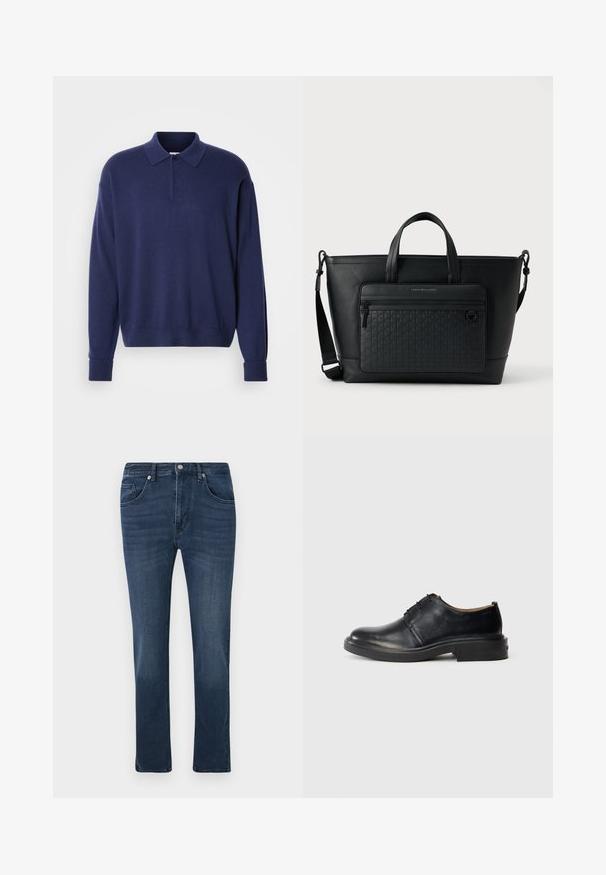 Marineblå sweater med krave, lange ærmer og ribbede manchetter. Blød tekstur med en afslappet pasform og en tre-knaps stolpe.; Mørkeblå slim-fit denimjeans med front- og myntlommer, knaplukning og subtilt slid på lårene.; Sorte læder oxford sko med rund tå, snørebånd foran og lav, stablet hæl på lys baggrund.; Sort lædernet med to top-hanke, justerbar skulderrem og en tekstureret frontlomme med et subtilt vævet mønster.