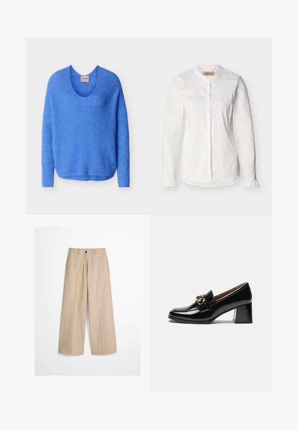 Blauwe, lange mouwen, gebreide trui met een ronde hals en een klein metalen logo-label vlak bij de zoom, afgebeeld tegen een effen achtergrond.; Witte blouse met lange mouwen, bandkraag, verborgen knopenlijst, subtiele verticale strepen en gerimpelde manchetten, weergegeven op een effen achtergrond.; Beige wijde pijpen broek met een voorvouw, riemlussen, knoopsluiting en een klein stoffen label aan de rechterkant van de tailleband.; Zwarte gepatineerde leren instappers met hak, voorzien van een ronde neus, een chunkier hak en een gouden hardware accent op de voorband.
