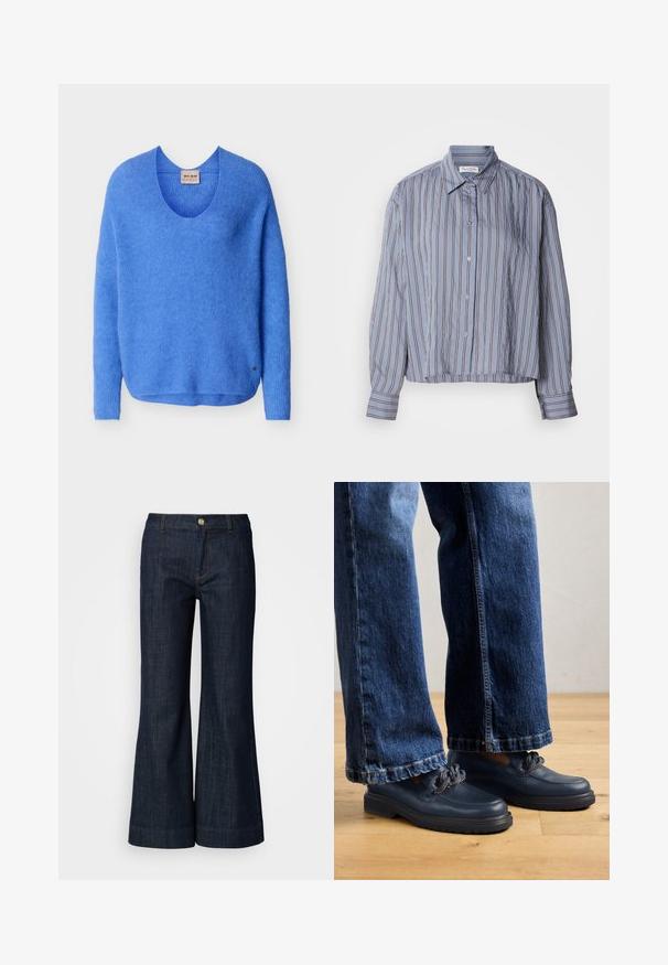 Blauwe, lange mouwen, gebreide trui met een ronde hals en een klein metalen logo-label vlak bij de zoom, afgebeeld tegen een effen achtergrond.; Lichtblauw, cropped button-up shirt met verticale strepen in donkerblauw en wit, heeft een kraag en lange mouwen met manchet details.; Donker gewassen denim jeans met een uitlopende pasvorm, voorzien van een knoopsluiting, oranje stiksel en omgeslagen broekspijpen. Gladde textuur en klassieke stijl.; Marineblauwe leren schoenen met een dikke zool en kettingdetails op de bovenkant, gecombineerd met loszittende donkerblauwe spijkerbroeken.