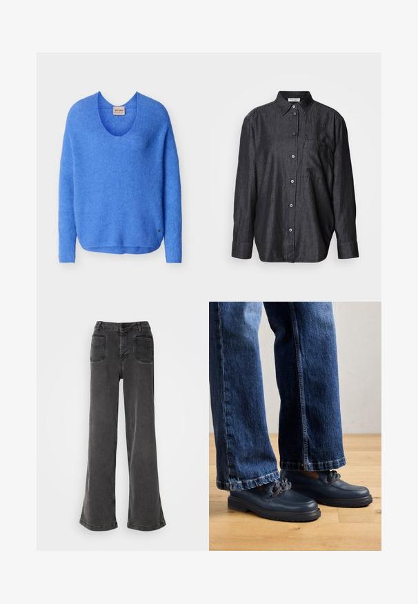 Jersey azul de manga larga tejido con cuello redondo y una pequeña etiqueta de logotipo metálico cerca del dobladillo sobre un fondo liso.; Camisa de manga larga de color gris oscuro, hecha de una tela ligera, con cierre frontal de botones, cuello y un bolsillo en el pecho.; Jeans negros de tiro alto y pierna ancha, hechos de denim, con cierre de botones, presillas para cinturón y dos bolsillos traseros con detalles de costura.; Zapatos de cuero azul marino con suela gruesa y detalle de cadena en la parte superior, combinados con unos vaqueros de mezclilla oscura de corte holgado.