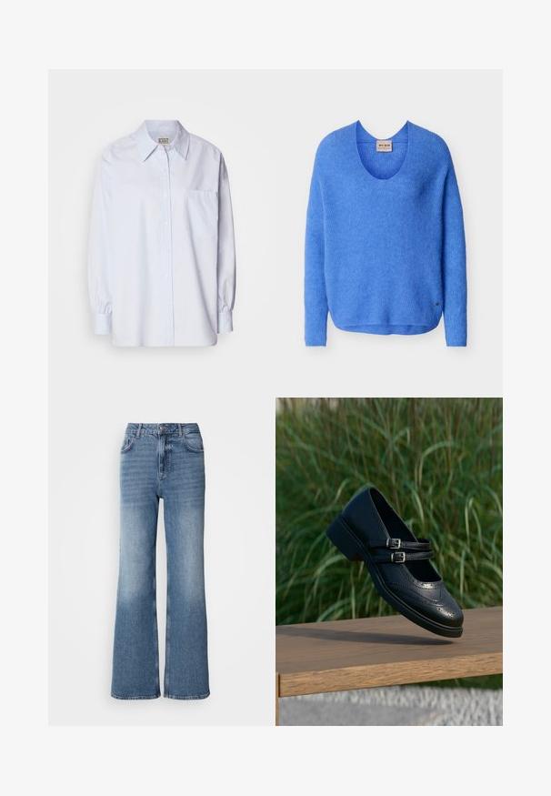 Blauwe, lange mouwen, gebreide trui met een ronde hals en een klein metalen logo-label vlak bij de zoom, afgebeeld tegen een effen achtergrond.; Lichtblauw button-up shirt van katoen. Heeft een puntige kraag, lange mouwen en een enkele borstzak. Zachte textuur.; Mos Mosh MAI - Straight leg jeans - blue wash; Zwarte leren Mary Jane-schoen met dubbele gespsluitingen en brogue-details, zwevend boven een houten bankje met groene grasachtergrond.