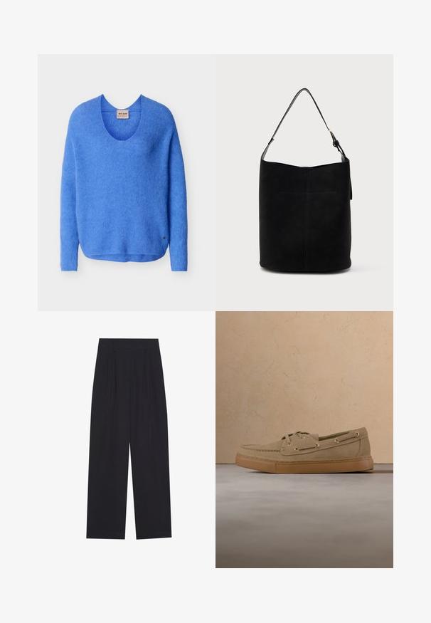 Jersey azul de manga larga tejido con cuello redondo y una pequeña etiqueta de logotipo metálico cerca del dobladillo sobre un fondo liso.; Pantalones anchos negros de tela suave, con pliegues, cinturilla plana y sin bolsillos ni adornos visibles.; Zapato casual de ante beige con suela y cordones color coñac, colocado sobre una alfombra beige texturizada frente a una mesa de café de madera con libros apilados.; Bolso de piel negra tipo cubo con una sola correa de hombro ajustable y un detalle de costura minimalista en el frente.