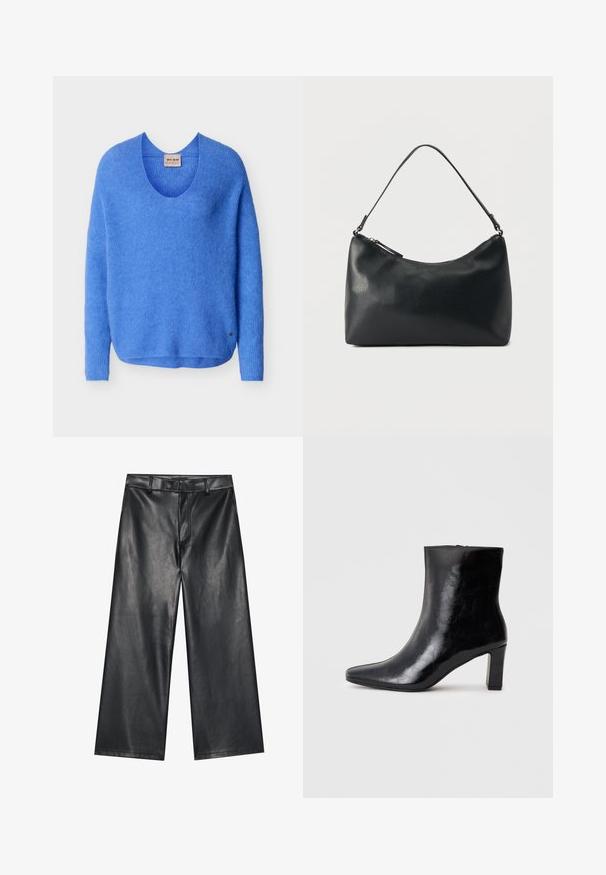 Jersey azul de manga larga tejido con cuello redondo y una pequeña etiqueta de logotipo metálico cerca del dobladillo sobre un fondo liso.; Pantalones de cuero negro de pernera ancha con una textura suave, lazos para cinturón y cremallera frontal. Presenta un ajuste holgado y detalles de costura limpios.; Botín negro de tobillo hecho de cuero brillante, con punta afilada y un tacón de bloque medio, con una textura suave y un diseño sencillo.; Bolso de hombro de cuero negro texturizado con cremallera curva en la parte superior y una sola correa ajustable sobre un fondo liso.