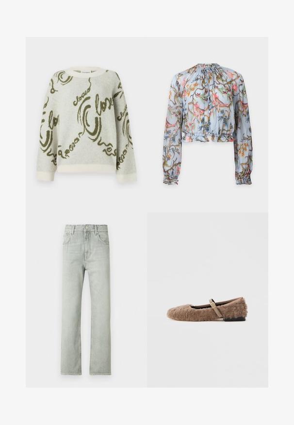 CLOSED CREW NECK LONG SLEEVE - Strickpullover - ecru; Transparente Langarmbluse mit hellblauem Grundton, buntem Blumenmuster, Rüschen am Saum, gerafftem Ausschnitt und Quastenband am Kragen.; Hellgraue Jeans aus Denim mit geradem Schnitt, fünf Taschen und einem vorderen Knopfverschluss. Weiche Textur und minimalistisches Design.; Braune, flauschige flache Schuhe mit einem Mary-Jane-Riemen und goldener Schnalle. Weicher Stoff, quadrate Zehenpartie und niedriger Blockabsatz. Glattes Innenfutter.