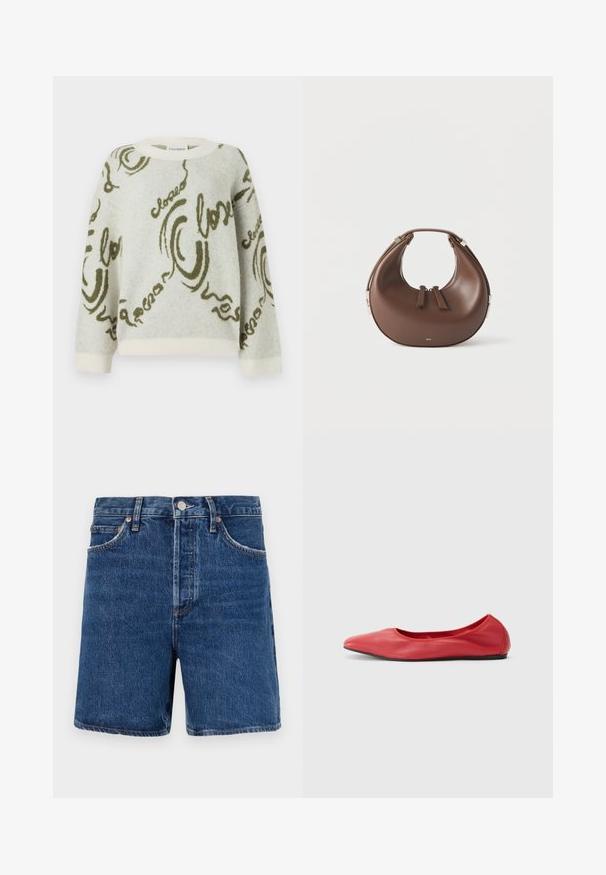 CLOSED CREW NECK LONG SLEEVE - Striktrøje - ecru; Mørkeblå denim shorts i klassisk snit, med fem lommer, knaplukning og kontrasterende orange syninger.; Filippa K REY FLATS - Ballerinasko - bright red; Brun læderhåndtaske i halvmåneform med en øverste hank og to lynlås-dragere på en hvid baggrund.
