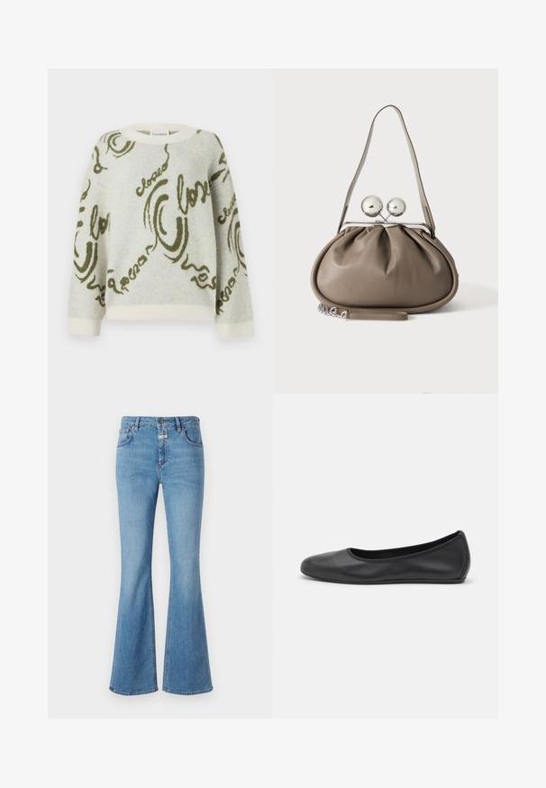 CLOSED CREW NECK LONG SLEEVE - Striktrøje - ecru; CLOSED JOVANNA - Jeans Bootcut - light blue; Sort læderballetsko med rund tå, glat tekstur, minimal syning og et fleksibelt såldesign.; Grå læderhåndtaske med rundet form, toplås med to store sølvkugler og en enkelt strop.