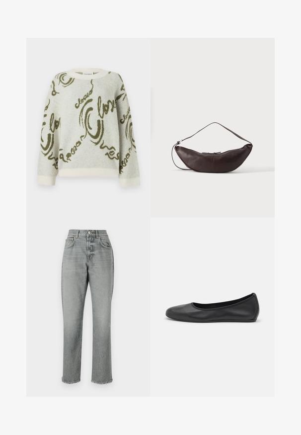 CLOSED CREW NECK LONG SLEEVE - Trui - ecru; CLOSED JONTA - Relaxed fit jeans - mid grey; Zwarte leren ballerina met een ronde neus, gladde textuur, minimale stikdetails en een flexibele zoolontwerp.; Donkerbruine leren schoudertas in halve maan vorm met een gebogen band en zichtbare stiksels op een effen achtergrond.