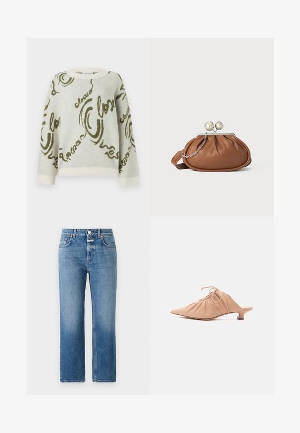 CLOSED CREW NECK LONG SLEEVE - Striktrøje - ecru; CLOSED MILO - Jeans Straight Leg - mid blue; Beige dames mule i læder med spids tå, rynket overdel, snøre og lav kittenhæl på hvid baggrund.; Brun læder clutch-pung med sølv kugleklap og en lille sølv kædedetalje på en hvid baggrund.