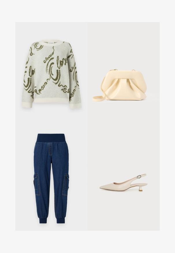 CLOSED CREW NECK LONG SLEEVE - Trui - ecru; Denim joggers met een brede elastische tailleband, twee zijvakken met klep en ribgebreide enkels; donkere blauwe kleur met contrasterende stiksels.; Beige slingback-schoen met een spits toelopende neus, lage kittenhak en verstelbare zijgesp op een effen witte achtergrond.; Beige zachte leren clutch met gestructureerd frame en geplooid voorkantdetail, voorzien van een dunne polsriem en een gouden rits.