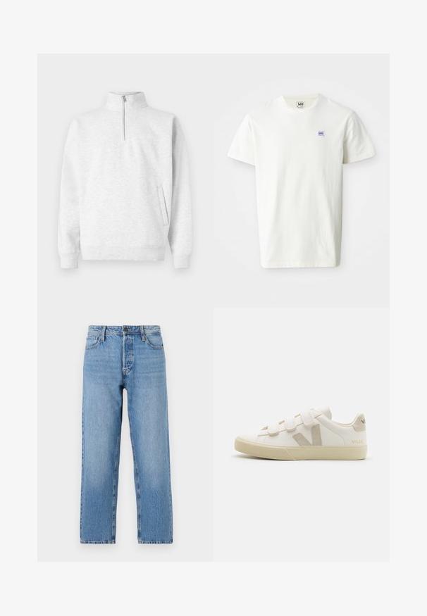 Lichtgrijze kwart-rits pullover gemaakt van zachte stof. Bevat een hoge kraag, lange mouwen en een voorkantzak met subtiele branding.; Witte katoenen T-shirt met een ronde hals en korte mouwen. Toont een klein rechthoekig paars en blauw Lee-logo op de linkerborst.; Lichtblauwe denim jeans met een recht beenontwerp, voorzien van een knoop- en ritsluiting, vijf zakken en subtiele vervaging.; Witte leren sneakers met klittenbandsluitingen, beige accenten, ronde neus, gestructureerde rubberen zool en reliëflogo. Minimalistisch ontwerp.
