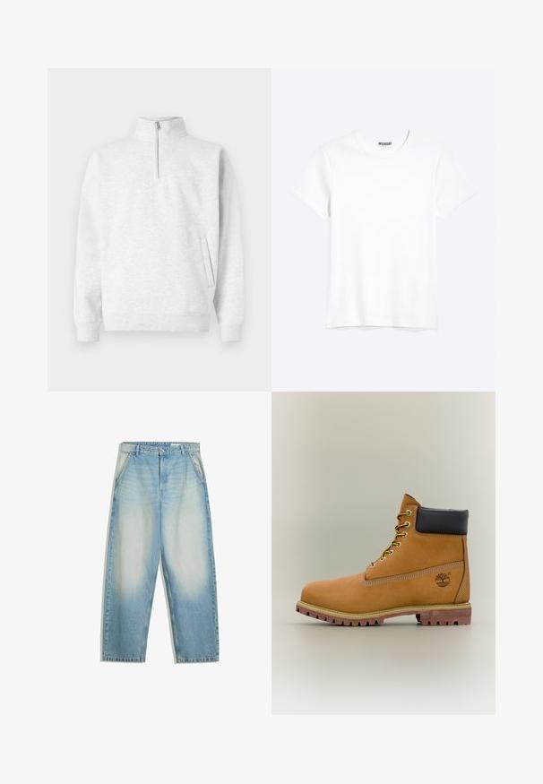 Pull à col zippé gris clair fabriqué en tissu doux. Il dispose d'un col haut, de manches longues et d'une poche avant avec un logo discret.; T-shirt blanc uni à manches courtes et col rond avec une étiquette de la marque WEEKDAY visible au niveau du col, présenté sur un fond clair.; Jean en denim bleu clair délavé avec une coupe ample, poches latérales, passants pour ceinture et fermeture par bouton à la taille.; Bottine en cuir marron avec col noir, lacets jaunes et semelle beige. Présente un logo et des détails de couture blanche. Semelle extérieure à traction robuste.