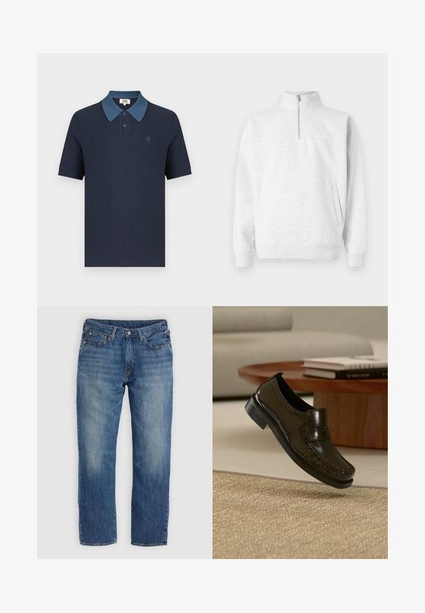 Sudadera de media cremallera en gris claro, fabricada con un tejido suave. Presenta un cuello alto, mangas largas y un bolsillo delantero con un sutil logo.; Polo azul marino con cuello azul a contraste, mangas cortas, tejido texturizado y un pequeño diseño de corazón bordado en el pecho.; Vaqueros de mezclilla azul con corte recto en las piernas, con zonas descoloridas, diseño de cinco bolsillos y herrajes metálicos. Aspecto clásico y versátil.; Zapato mocasín negro de cuero sin cordones levitando sobre una alfombra beige tejida con una mesa de café de madera y libros al fondo.