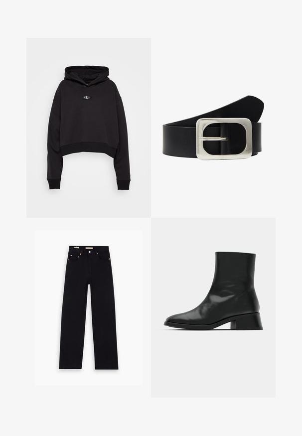 Sort cropped hoodie lavet af blødt stof med en logo-patch foran, ribbet søm og manchetter samt en stor hætte.; Sorte denim jeans med lige pasform, fem lommer, kobberdetaljer og en glat tekstur. To mærker synlige på taljebåndet.; Sort ankelstøvle lavet af blank læder, med et strømlinet design, spids tå og en moderat blokhælhøjde for stabilitet.; Sort læderbælte med en rektangulær sølvmetal spænde. Bæltet har en glat tekstur og en tilspidset ende.