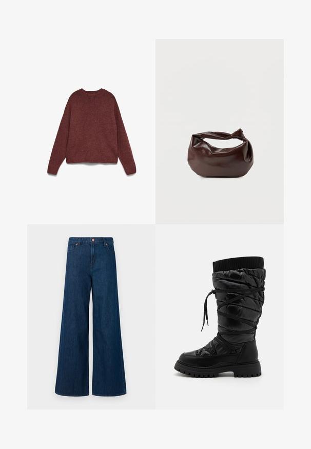Brun striktrøje med lange ærmer, ribbet rund halsudskæring, manchetter og kant, lagt fladt på en hvid baggrund.; Blå, vidde denim jeans med frontlukning med knap, bæltestropper og fem-lommers design på en hvid baggrund.; Sorte knæhøje støvler med en kviltet tekstur, der har snørebåndsdesign, kontrasterende ribbet topkant og en tyk, robust sål.; Mørkebrun læder skuldertaske med en blød, afslappet form og et snoet knudehåndtag på en ensartet hvid baggrund.