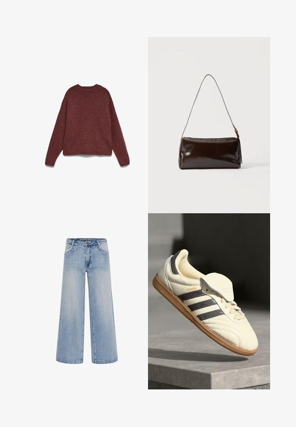 Brun striktrøje med lange ærmer, ribbet rund halsudskæring, manchetter og kant, lagt fladt på en hvid baggrund.; Lyseblå brede jeans med høj talje, fem lommer og kontrastsyninger. Fremstillet af denim med en glat tekstur.; Cremefarvede lædersneakers med tre mørke striber, en brun gummisål og en afrundet tå. Har en foldbar tunge mærket "SAMBA."; Mørkebrun rektangulær læder skuldertaske med en enkelt tynd rem og spænde i guldton på en ensfarvet baggrund.