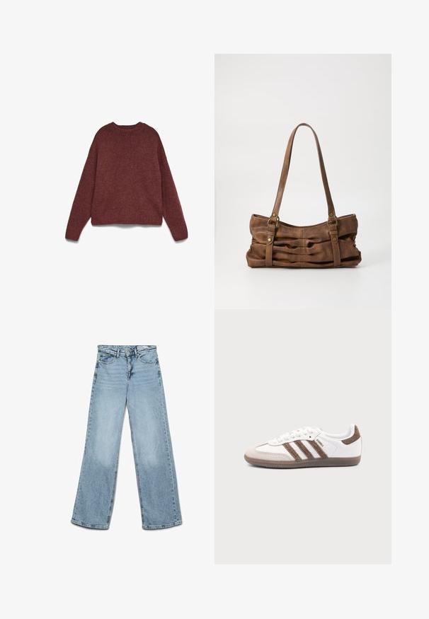 Brun striktrøje med lange ærmer, ribbet rund halsudskæring, manchetter og kant, lagt fladt på en hvid baggrund.; Lyseblå højtaljede jeans med vide ben, knap- og lynlås-lukning, for- og baglommer samt bæltestropper.; Hvid Adidas Samba sneaker med brune ruskindstriber, brun gummisål og beige ruskindståhætte, vist fra ydersiden på en ensfarvet baggrund.; Even&Odd Håndtasker - brown
