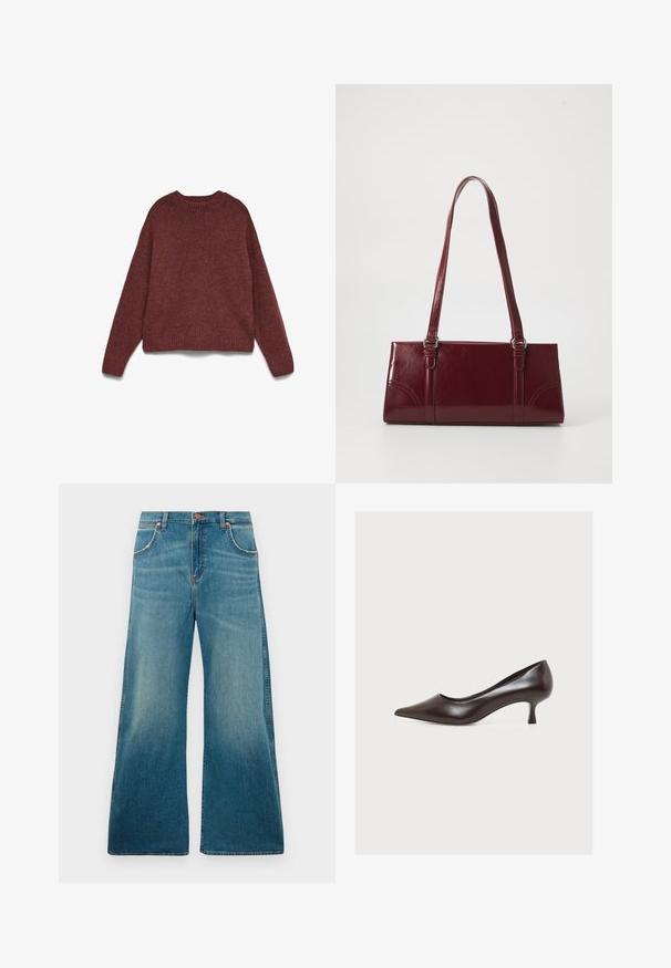 Brun striktrøje med lange ærmer, ribbet rund halsudskæring, manchetter og kant, lagt fladt på en hvid baggrund.; Højtaljede blå denimjeans med brede ben, frontlommer, knaplukning og en falmet farvegradient fra talje til kant.; Mørkebrun læderstilet med spids tå, lav hæl og glat finish, vist fra siden på ensfarvet hvid baggrund.; Bordeaux håndtaske lavet af glansfuldt materiale, rektangulær form, med to skulderremme og subtile buede detaljer på forsiden.