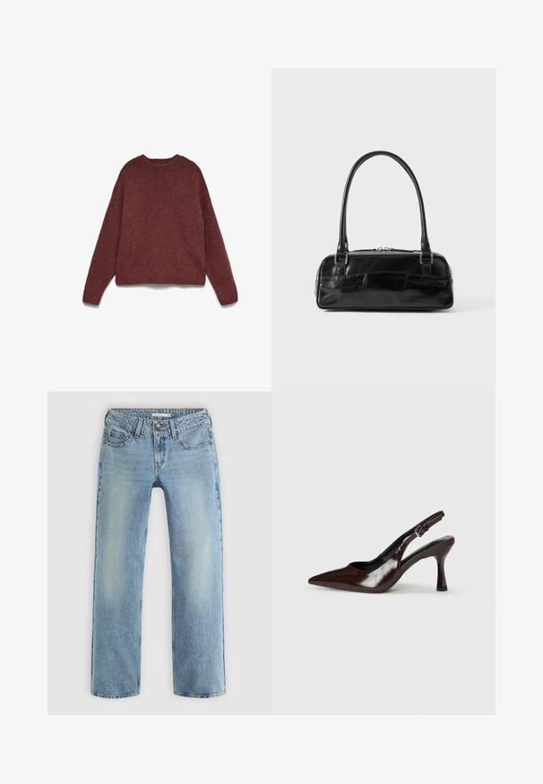 Brauner Strickpullover mit langen Ärmeln, geripptem Rundhalsausschnitt, Bündchen und Saum, flach auf weißem Hintergrund gelegt.; Hellblaue gerade geschnittene Jeans aus Denim, mit Knopfverschluss, fünf Taschen und subtiler Ausbleichung entlang der Beine.; Braune lackleder Slingback-Absätze mit spitzem Zehen, einem dünnen Absatz und einem verstellbaren Riemen mit einer kleinen Schnalle.; Schwarze Lederhandtasche in rechteckiger Form, mit einem stabilen Griff, silbernem Zubehör und Reißverschluss. Glatte Textur.