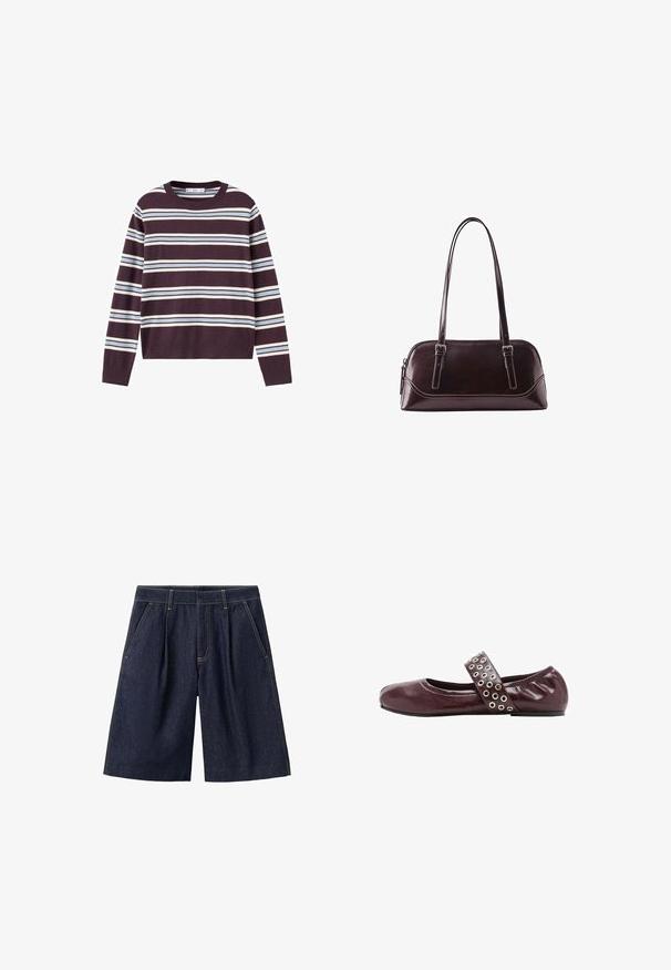 Langærmet crewneck-trøje med horisontale hvide og lyseblå striber på en mørkelilla baggrund.; Mørkeblå denim shorts til knæene med frontlommer og bæltestropper, der viser synlige gule syninger.; Bordeaux læderballetsko med rund tå, elastisk rem med sølvøjer og en blød, samlet hæl for ekstra komfort.; Mørkebrun læderhåndtaske med to lange skulderremme, lynlåslukning og diskrete syninger på hvid baggrund.