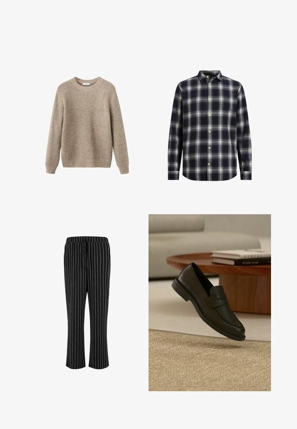 Beige strikket sweater med fiskebenmønster, rund halsudskæring, ribkanter ved ærmer og bund, lavet af et blødt, tekstureret materiale.; Marineblå og cremeplaid flannel skjorte med knapkrave, lange ærmer og beige knapper; har en blød tekstur og en struktureret form.; Sorte og hvidestribede pyjamasbukser med elastisk talje og snøre, der har en afslappet pasform og cropped længde.; Sort læderloafer vist i luften over en beige vævet tæppe, med et træbord og stablede bøger i et blødt oplyst stue.