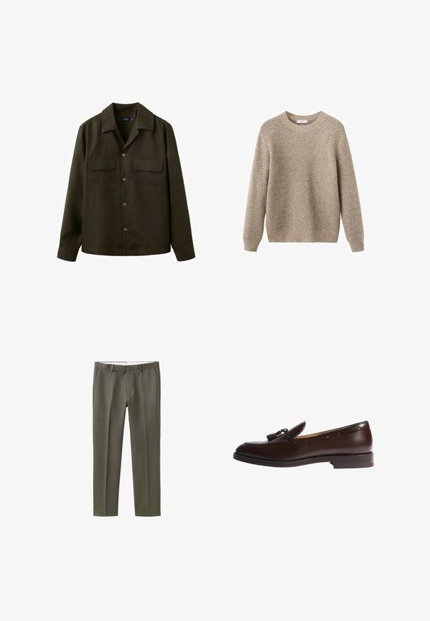 Pull en maille beige présentant un motif en chevrons, col rond, poignets et ourlet côtelés, confectionné dans un matériau doux et texturé.; Veste-chemise boutonnée vert olive foncé avec deux poches à rabat à l'avant et un col classique.; Pantalon vert olive sur mesure avec passants de ceinture, poches latérales et fermeture par bouton à la taille.; Mocassin en cuir marron avec détail de pampille, bout rond, accents cousus et semelle plate. Texture lisse et design classique.