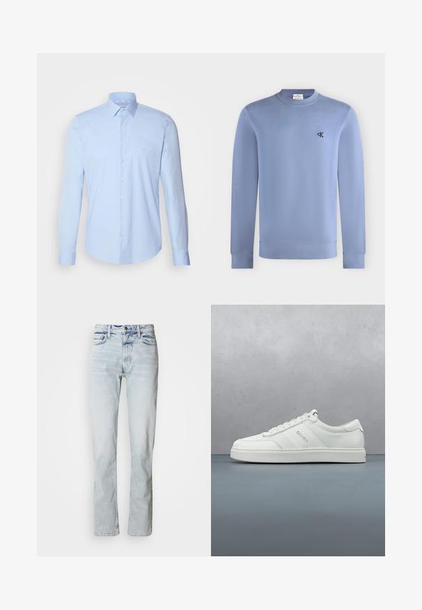 Sweat-shirt bleu clair à manches longues avec col rond et petit logo noir "cK" sur le côté gauche de la poitrine.; Chemise boutonnée bleu clair en coton, avec un col classique, des manches longues et un petit logo sur la poitrine. Texture lisse.; Jean en denim bleu clair à coupe droite, texture usée, design à cinq poches et une fermeture classique par bouton à la taille.; Baskets basses blanches avec un lacet, panneaux en cuir texturé et logo discret sur le côté, sur un fond clair uni.