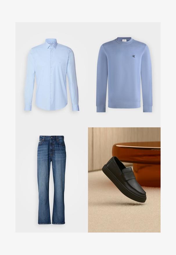 Hellblaues Sweatshirt mit langen Ärmeln und Rundhalsausschnitt, mit kleinem schwarzem "cK"-Logo auf der linken Brust.; Hellblaues Button-up-Hemd aus Baumwolle, mit klassischem Kragen, langen Ärmeln und kleinem Logo auf der Brust. Glatte Textur.; Blaue Jeans aus Denim mit hoher Taille, ausgestellten Beinen, Fünf-Pocket-Design und tonalem Nähen. Mit Knopfverschluss und genieteten Taschen.; Schwarzer Leder-Pantoffel mit einem Riemen über dem Obermaterial, positioniert auf einem beigen Teppich und neben einem braunen runden Tisch.