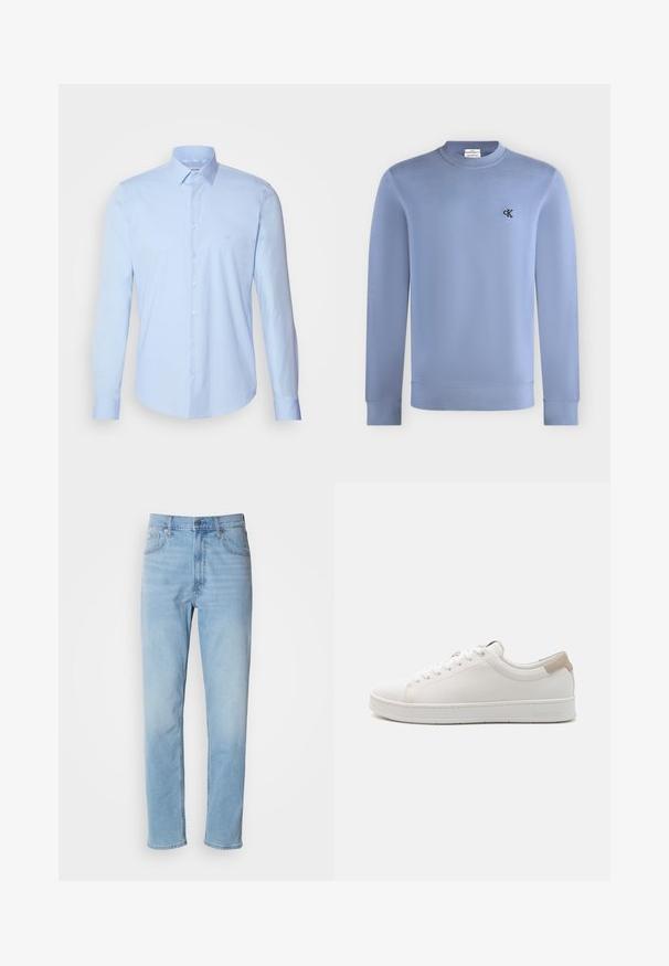 Sudadera de manga larga y cuello redondo en azul claro con pequeño logo negro "cK" en el pecho izquierdo.; Camisa de botones azul claro hecha de algodón, con un cuello clásico, mangas largas y un pequeño logotipo en el pecho. Textura suave.; Jeans de mezclilla azul claro con un corte recto, cinco bolsillos y trabillas para cinturón. La tela presenta una textura suave con un ligero efecto de desvanecimiento.; Zapatillas blancas con parte superior de cuero suave, punta redonda, seis ojales y un acento en beige en el talón. Presentan una suela de goma blanca y un branding sutil.