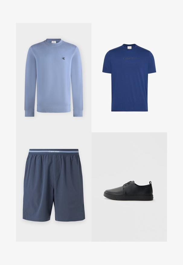 Sweat-shirt bleu clair à manches longues avec col rond et petit logo noir "cK" sur le côté gauche de la poitrine.; T-shirt bleu uni à manches courtes et col rond avec logo Calvin Klein imprimé en lettres foncées sur la poitrine.; Boxers pour homme bleu marine avec une ceinture élastique ornée de rayures bleu clair et un logo blanc Calvin Klein centré devant.; Baskets en cuir noir avec une finition lisse, bout arrondi, coutures ton sur ton, devant à lacets et semelle plate en caoutchouc. Anse au talon.