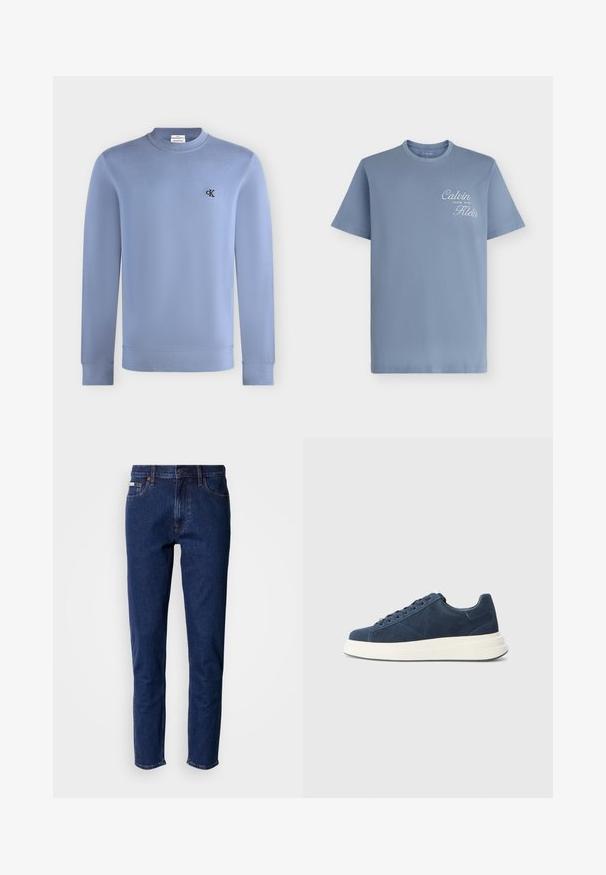 Lyseblå sweatshirt med rund hals og lange ærmer med lille sort "cK" logo på venstre bryst.; Lyseblå T-shirt med korte ærmer med hvid "Calvin Klein" kursiv logo på øverste venstre bryst og rund halsudskæring.; Mørkeblå denimjeans med lige ben, der har fem lommer, kobbernitter og en klassisk taljebånd med knaplukning.; Marineblå suede sneakers med en hvid gummisål, der har seks snørrehuller, en struktureret foring og et minimalistisk design med subtile syninger.