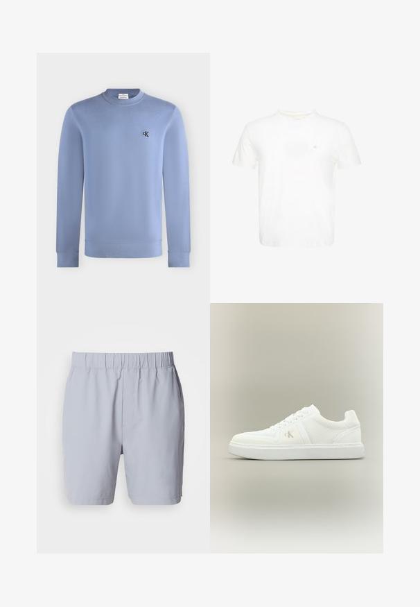 Lyseblå sweatshirt med rund hals og lange ærmer med lille sort "cK" logo på venstre bryst.; Hvid T-shirt med korte ærmer og rund hals med lille broderet "ck" logo på venstre bryst.; Lysegrå badebukser med elastisk talje, to sidelommer og et glat, letvægtsstof. Ingen synlige mønstre eller udsmykninger.; Hvid lavtopsneaker med snørebånd, teksturerede stofsider og subtilt "ck"-logo på ydersiden, placeret på en enkel neutral baggrund.