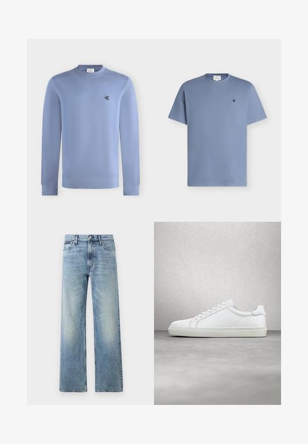 Lichtblauw sweatshirt met lange mouwen en ronde hals met klein zwart "cK" logo op de linkerborst.; Lichtblauw katoenen T-shirt met korte mouwen, ronde hals en klein zwart "cK" logo op de linkerborst.; Lichtblauwe denim jeans met rechte pijpen, een hoge taille, vijf zakken, knoopsluiting en subtiele vervaging op de dijen en knieën.; Witte sneaker met een gladlederen bovenwerk en een laag profiel. Voorzien van een ronde neus, zes vetergaatjes en een gestructureerde rubberen zool.