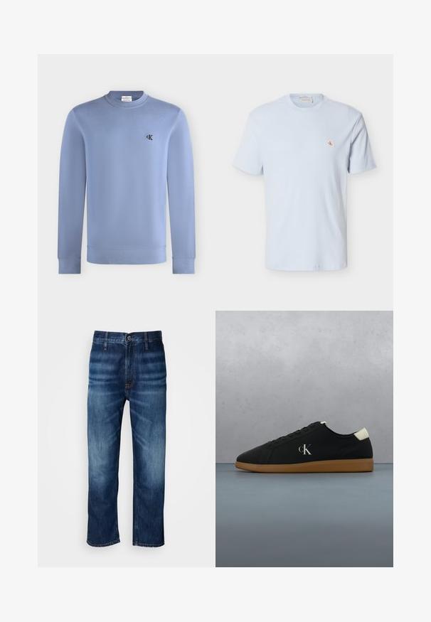 Sudadera de manga larga y cuello redondo en azul claro con pequeño logo negro "cK" en el pecho izquierdo.; Camiseta de manga corta de color azul claro con tejido de gofre, cuello redondo y pequeño parche con el logo rojo "CK" en el pecho izquierdo.; Jeans de mezclilla rectos de color azul oscuro con un leve desvanecimiento en los muslos y un cierre de botón en la cintura, exhibidos sobre un fondo blanco.; Zapatilla de lona negra con suela de goma marrón, con un logo plateado "cK" en el lateral y un detalle blanco en el talón. Diseño de corte bajo.