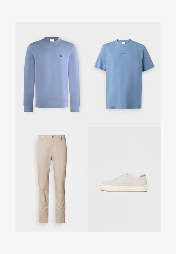 Lyseblå sweatshirt med rund hals og lange ærmer med lille sort "cK" logo på venstre bryst.; Lyseblå bomulds T-shirt med korte ærmer, rund halsudskæring og subtil "Calvin Klein" logo i sort på brystet. Glat tekstur.; Beige bomulds chinos med lige pasform, bæltestropper, en enkelt frontknap og en glat, utextureret overflade. Ingen lommer er synlige.; Lys grå sneakers med en glat syntetisk overdel, rund tå og en struktureret crème mellemsål. Lysebrune accenter på hælen.