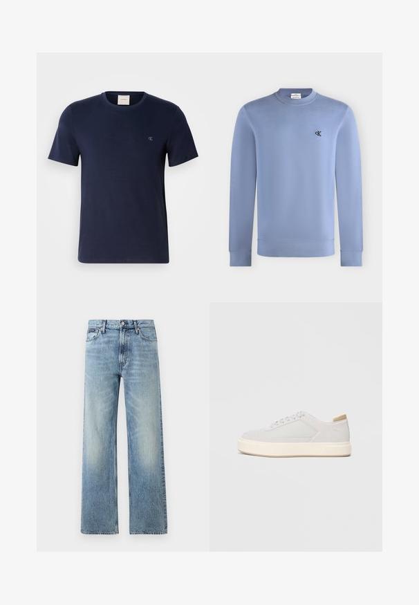 Hellblaues Sweatshirt mit langen Ärmeln und Rundhalsausschnitt, mit kleinem schwarzem "cK"-Logo auf der linken Brust.; Marineblaue Baumwoll-T-Shirt mit Rundhalsausschnitt, kurzen Ärmeln und einem kleinen gestickten Logo auf der linken Brust. Glatte Textur und klassischer Schnitt.; Hellblaue Jeans mit geradem Bein, hohem Bund, fünf Taschen, Knopfverschluss und dezentem Verblassen an Oberschenkeln und Knien.; Hellgraue Sneaker mit einer glatten Synthetik-Oberfläche, runder Spitze und einer strukturierten cremefarbenen Zwischensohle. Helle tanfarbene Akzente an der Ferse.