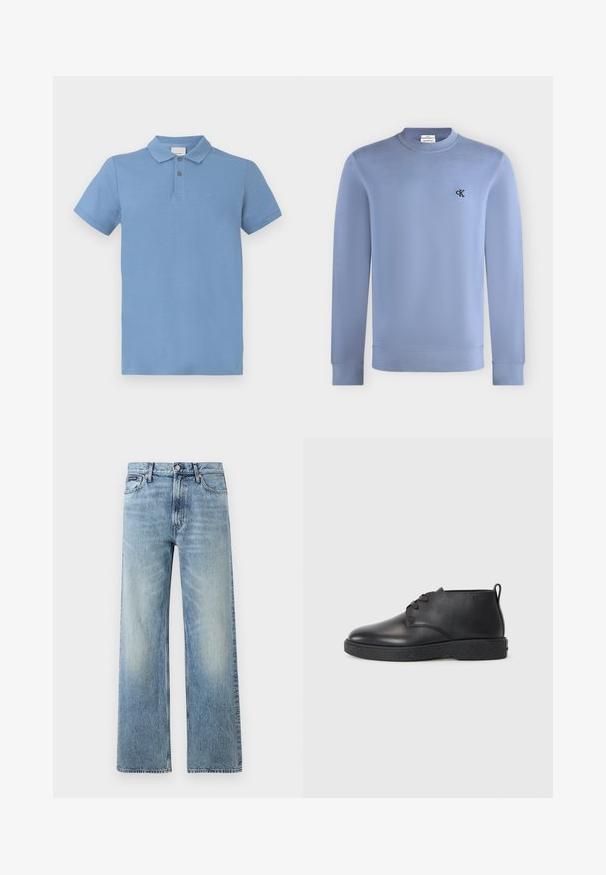 Hellblaues Sweatshirt mit langen Ärmeln und Rundhalsausschnitt, mit kleinem schwarzem "cK"-Logo auf der linken Brust.; Hellblaues Poloshirt aus Baumwolle, mit einer Knopfleiste mit drei Knöpfen, kurzen Ärmeln und einem dezenten auf der Brust gestickten Logo.; Hellblaue Jeans mit geradem Bein, hohem Bund, fünf Taschen, Knopfverschluss und dezentem Verblassen an Oberschenkeln und Knien.; Schwarze Leder-Stiefeletten mit glatter Textur, abgerundeter Spitze und schwarzer Gummisohle. Verfügt über ein Schnürdesign und eine Fersenschlaufe für ein einfaches Anziehen.