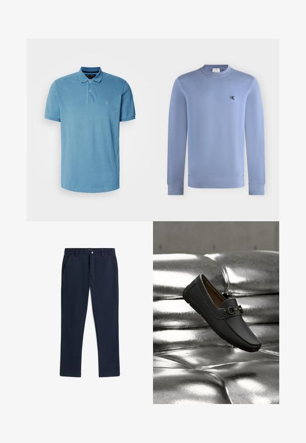 Hellblaues Sweatshirt mit langen Ärmeln und Rundhalsausschnitt, mit kleinem schwarzem "cK"-Logo auf der linken Brust.; Helles blaues Poloshirt aus Baumwolle, mit klassischem Kragen, Drei-Knopf-Leiste und kleinem gesticktem Logo auf der Brust.; Dunkelblaue, gerade geschnittene Hose mit Gürtelschlaufen, Seitentaschen und einem vorderen Knopf- und Reißverschluss.; Schwarzer Leder-Slipper mit Metall-Schnallendetail, der über einer glänzenden silbernen Ledercouch schwebt.