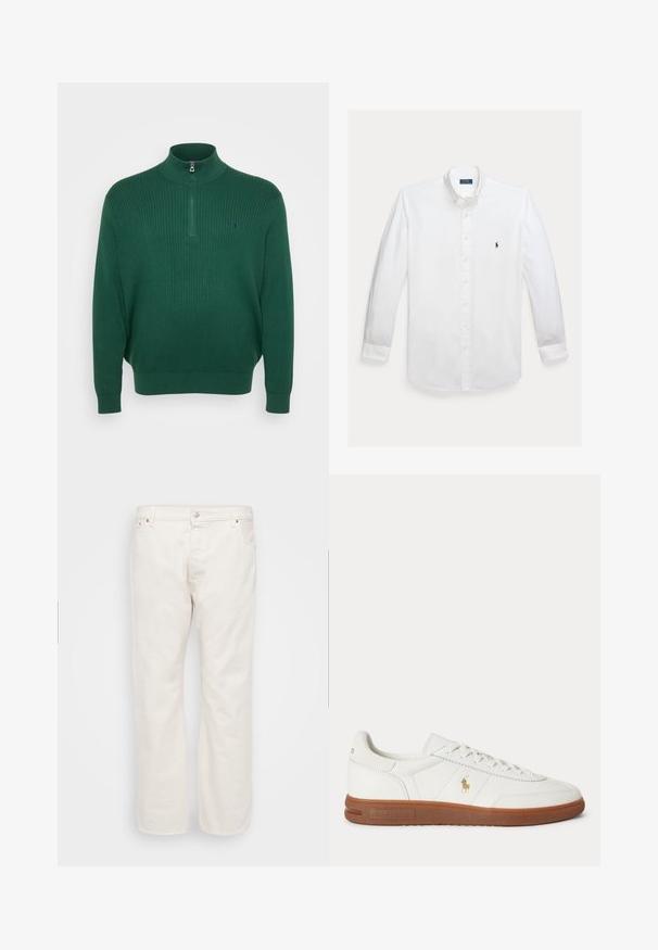 Mørkegrøn ribstrikket sweater med høj krave og halv lynlås, der har et lille broderet logo på brystet.; Hvid skjorte med lange ærmer, knapper foran, krave og lille mørkeblå Polo Ralph Lauren logo broderet på brystet.; Hvide denim jeans med lige ben, der har en knaplukning, bæltestropper og to sidelommer. Glat tekstur, minimal detaljering.; Hvid lavt sneaker med brun sål, snørebånd foran og lille guld Polo Ralph Lauren-logo på siden.